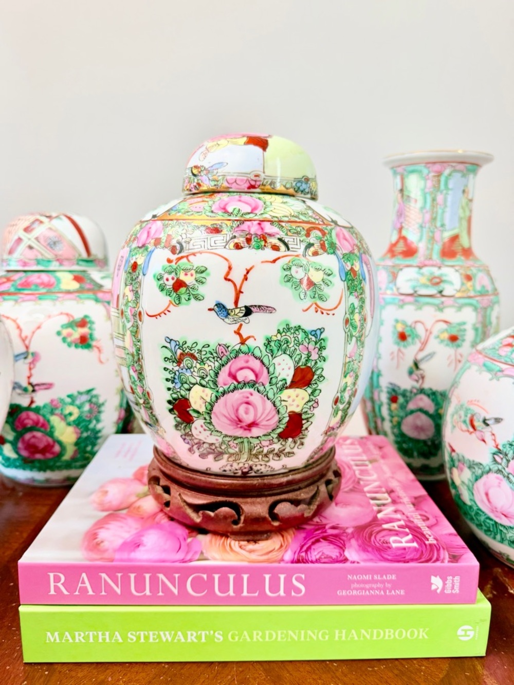 Famille Rose Medallion Ginger Jar with wood riser